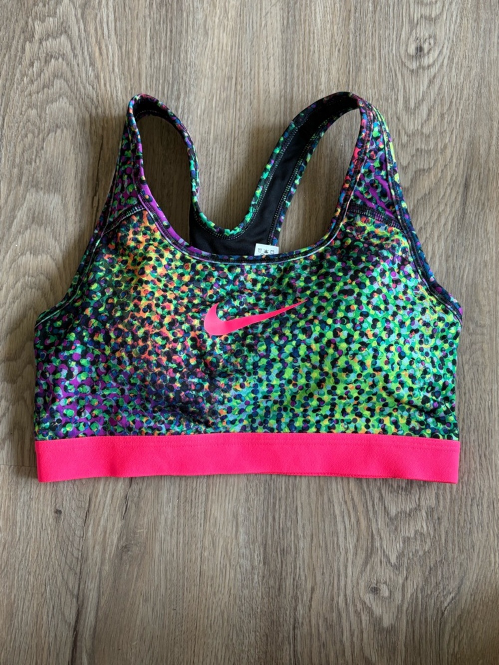 Nike Neon Pink-Banded Multicolor Dot Print Sports Bra NWOT